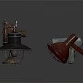 Vintage Industrial Metal Lamps And Decorative Tools On Dark Background