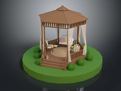 Wooden Garden Gazebo With Seats On Green Lawn And Surrounding Bushes 3d model
