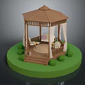 Wooden Garden Gazebo With Seats On Green Lawn And Surrounding Bushes
