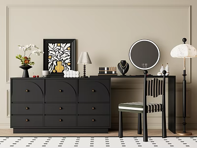 Black Dressing Table With Multiple Drawers Round Mirror Table Lamp And Decor In Beige Room 3d model