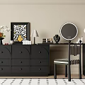 Black Dressing Table With Multiple Drawers Round Mirror Table Lamp And Decor In Beige Room