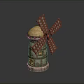 Traditional Windmill Building with Thatched Roof and Wooden Structure and Rotating Blades Design