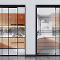 Modern Glass Sliding Doors With Metal Grid Frame Design For Interior Kitchen Space