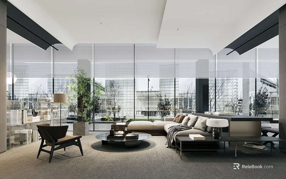 Modern Sales Office with Large Windows Interior Furniture and Green Plants 3d model 