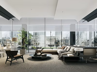 Modern Sales Office with Large Windows Interior Furniture and Green Plants 3d model
