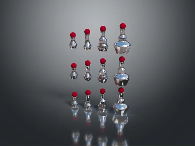 Silver Bottles with Red Caps Organized in Three Rows as Daily Living Supplies 3d model