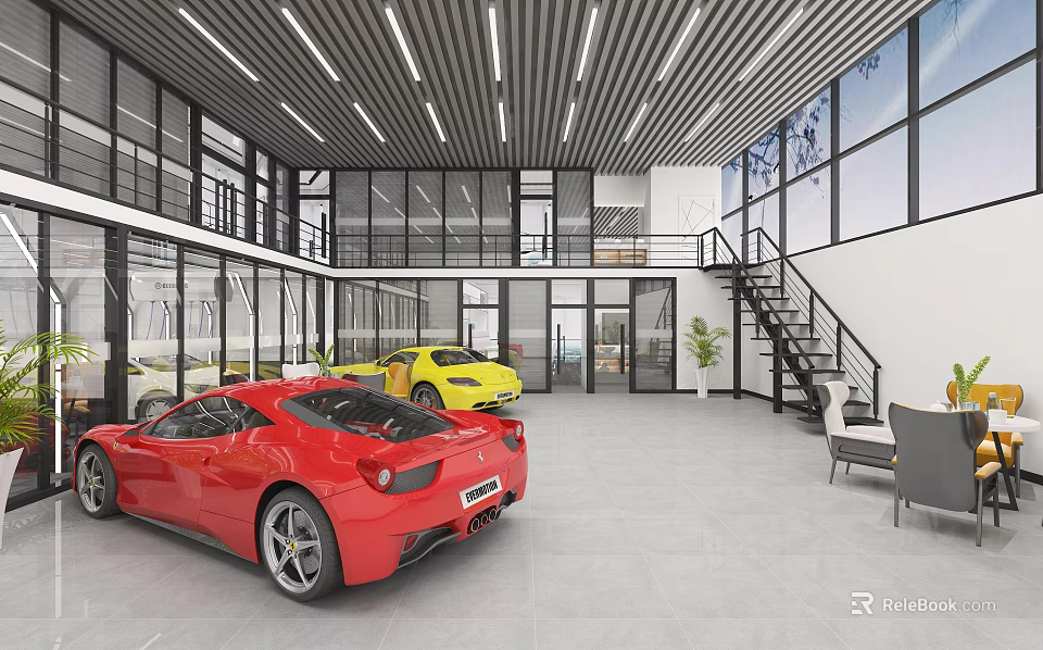 Modern 4S Car Showroom With Luxury Sports Cars And Glass Facade 3d model 