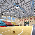 Basketball Gymnasium With Wooden Floor Colorful Seats Metal Ceiling And Pendant Lights 3d model