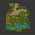 3D Cartoon Island Community With Small Houses Trees Lake And Green Spaces