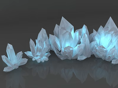 Glowing Crystal Decorative Ornament Set with Various Sizes and Blue Light on Dark Reflective Surface 3d model