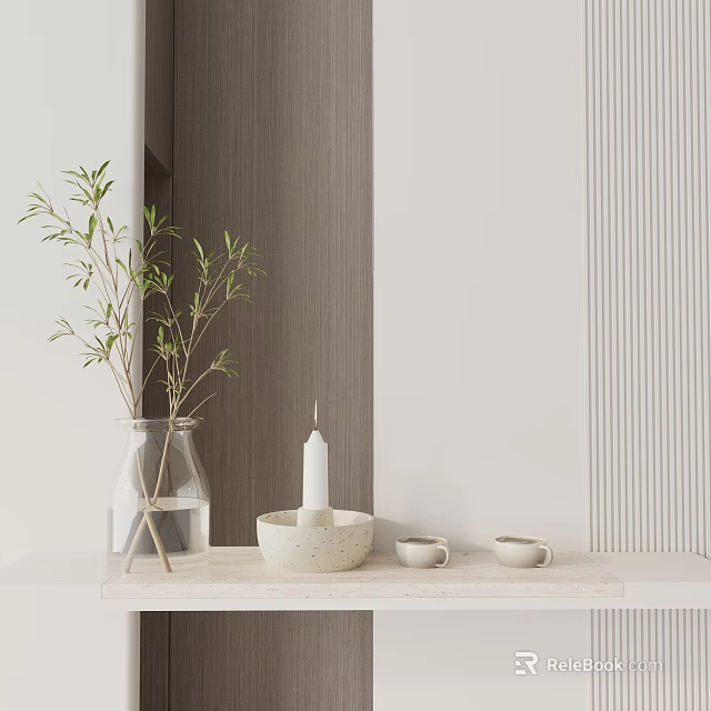 Stylish Decorative Ornament Set With Vase Branches Candle Bowl And Small Cups On White Shelf 3d model 