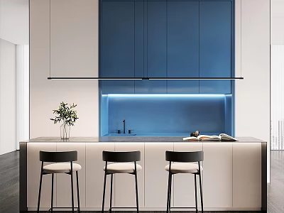Modern Pantry Interior Design With Blue Cabinets Countertop And Black Bar Stools 3d model