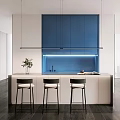 Modern Pantry Interior Design With Blue Cabinets Countertop And Black Bar Stools