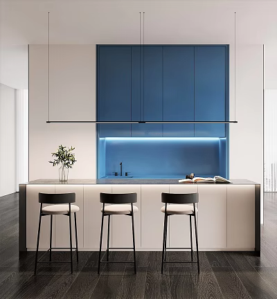 Modern Pantry Interior Design With Blue Cabinets Countertop And Black Bar Stools 3d model