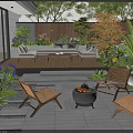Modern Courtyard Garden With Wooden Deck Sofa Greenery Wicker Chairs Fire Pit And Lighting