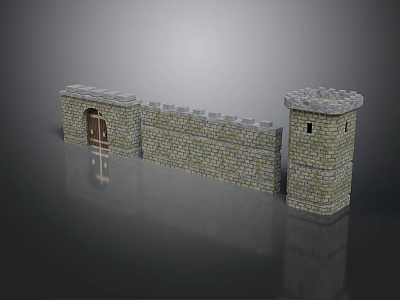 Stone Wall and Tower Structure with Wooden Door Design Elements 3d model