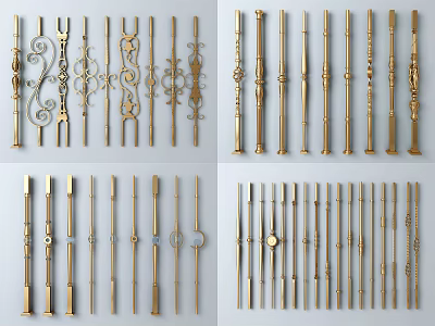Various Stylish Railings With Ornate Patterns Golden Finishes And Classic Designs 3d model