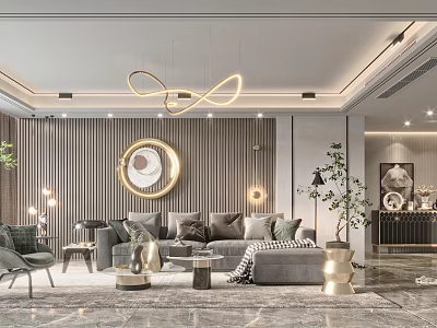 Modern Living Room Interior With Gray Sofa Round Mirror Hanging Chandelier And Potted Plant 3d model