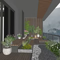 Balcony Garden With Wooden Deck Potted Plants Glass Doors And Mountain View
