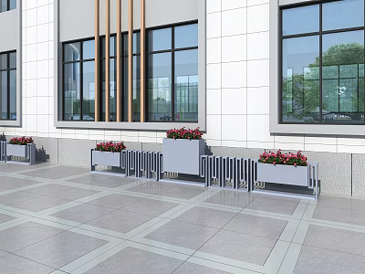 Modern Outdoor Garden Planters With Red Flowers Along Building Exterior On Paved Ground 3d model
