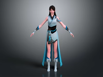 Fantasy 3D Female Character In Blue White Outfit With Creature Themed Belt Buckle Standing Pose 3d model