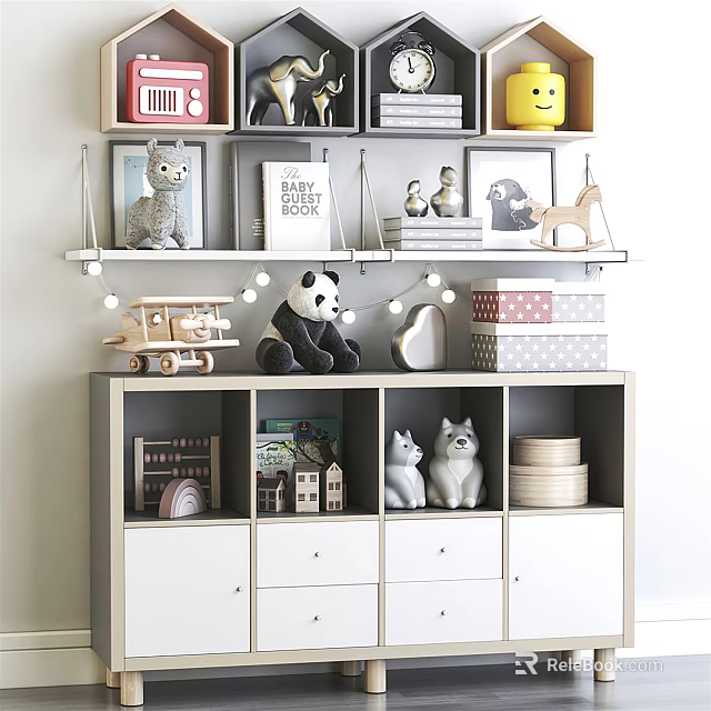 Stylish Decorative Cabinet With Stuffed Toys Models Photo Frames Stacked Plates And Storage Drawers 3d model 