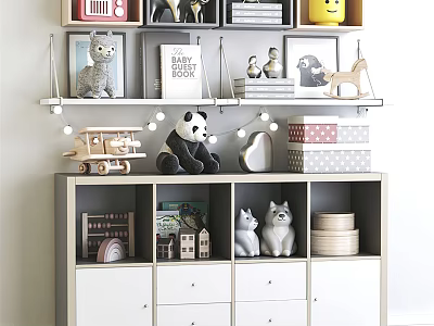 Stylish Decorative Cabinet With Stuffed Toys Models Photo Frames Stacked Plates And Storage Drawers 3d model