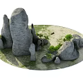 Garden Ornament With Natural Rock Formations Green Plants And Small Boat