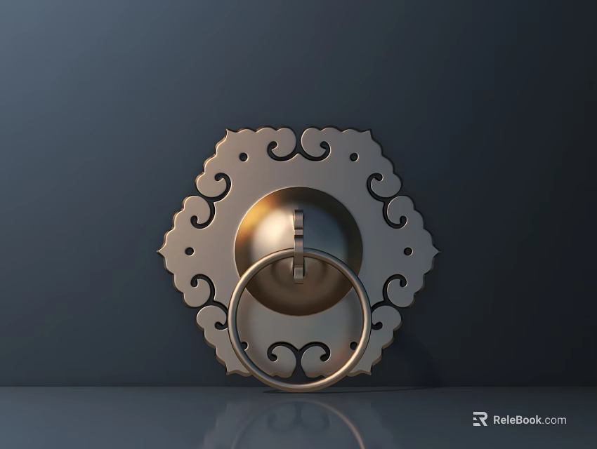 Traditional Chinese Style Door Handle With Ornate Circular Ring And Floral Decorative Pattern 3d model 