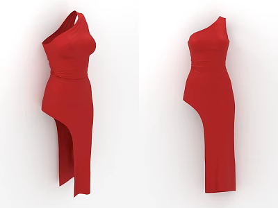 Red One Shoulder Slim Fit Dress With Side Slit And Elegant Design 3d model