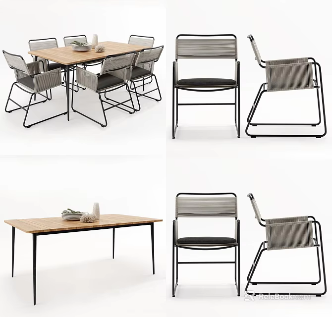 Modern Dining Table Set With Wooden Top Metal Legs And Striped Backrest Chairs 3d model 