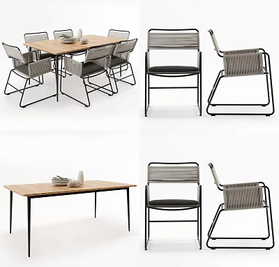 Modern Dining Table Set With Wooden Top Metal Legs And Striped Backrest Chairs 3d model