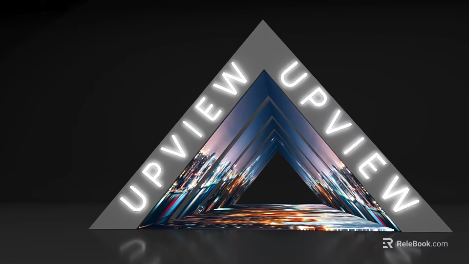 Triangular Activity Passageway With UPVIEW Text And City Night View Reflection 3d model 