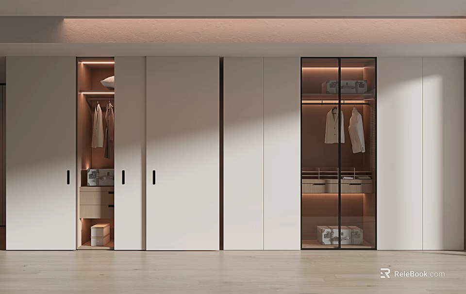 Modern Wardrobe Interior With Sliding Glass Doors Hanging Areas And Storage Drawers 3d model 