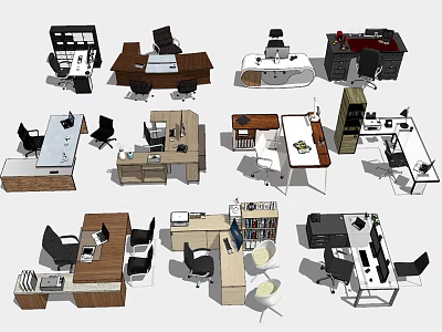 Various Styles Office Desks With Ergonomic Chairs Computers And Storage Drawers 3d model