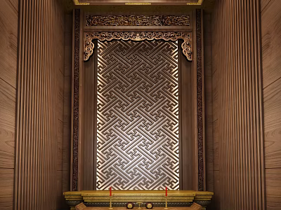 Religious Belief Inspired Wooden Screen Featuring Geometric Pattern Carved Details And Red Decorations 3d model