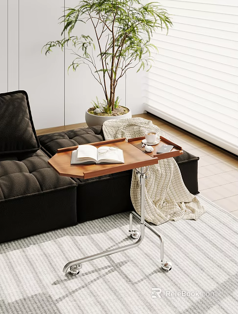 Wooden Side Table With Metal Stand By Black Sofa With Open Book Coffee Cup Tray 3d model 