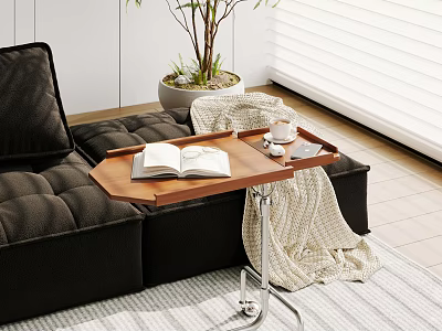 Wooden Side Table With Metal Stand By Black Sofa With Open Book Coffee Cup Tray 3d model