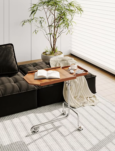 Wooden Side Table With Metal Stand By Black Sofa With Open Book Coffee Cup Tray 3d model