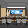 Modern Conference Room Interior With Long Table Large Screen And Wooden Walls