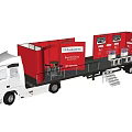 Utility Flatbed Truck With White Cab Red Cargo Container And Industrial Equipment