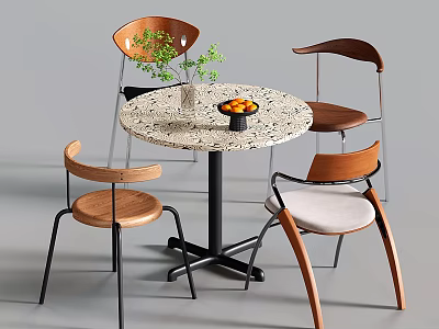 Modern Meeting Table and Chairs with Round Speckled Top Green Plant and Orange Fruits 3d model
