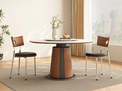 Modern Round Dining Table Set with Wooden Pedestal Two Chairs and Vase Decor 3d model