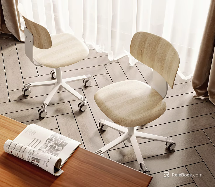 Modern Wooden Office Chairs With White Frame And Wheels For Home Workspace 3d model 