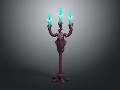 Ornate Red Candelabra With Three Arms And Blue Green Flaming Candles 3d model
