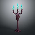 Ornate Red Candelabra With Three Arms And Blue Green Flaming Candles