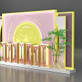 Decorative Display Stand With Pink Background Yellow Frame HUANJIU Lettering And Small Tree