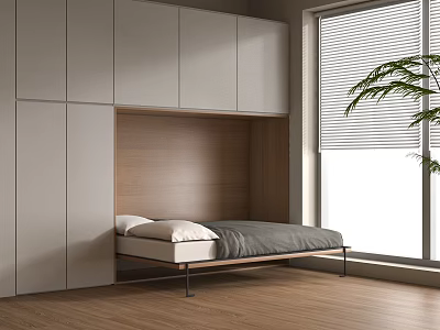 Modern Room Interior With Built In Bed White Cabinets Wooden Elements And Window Blinds 3d model