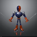 3D Warrior Character In Blue Red Silver Armor Holding Two Swords Standing