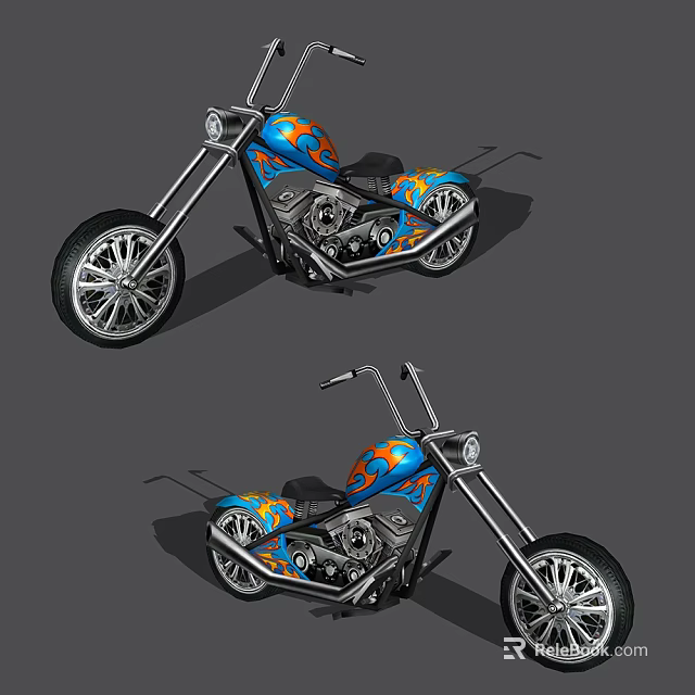 Custom Cruiser Motorcycle With Blue Orange Flame Graphics And Long Handlebars 3d model